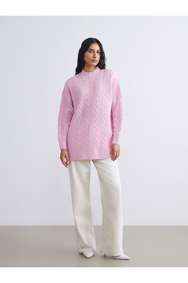 LCW Modest Dik Yaka Kendinden Desenli Kadın Triko Tunik - 2