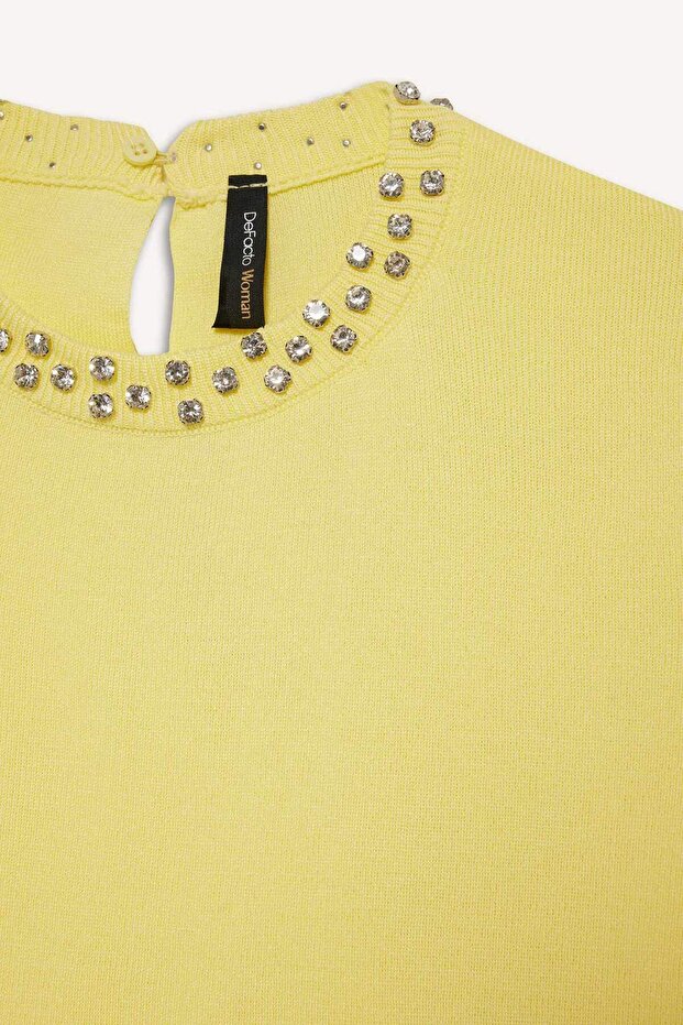 Regular Fit Bisiklet Yaka İşlemeli Krep Kısa Kollu Triko Kazak F7894AX25AU - 2