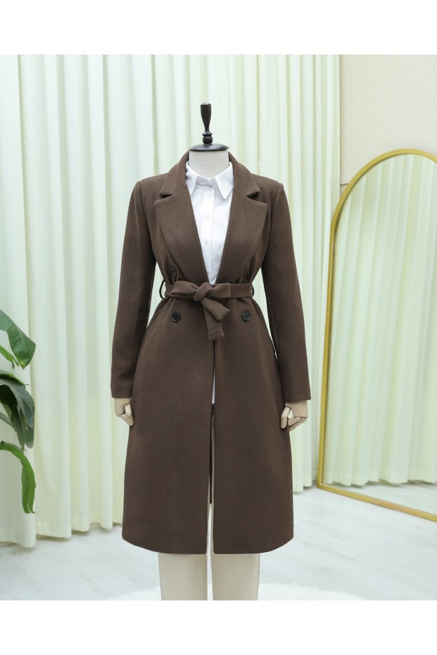 Single Button Pocketed Belted Lined Cashmere Coat - Brown