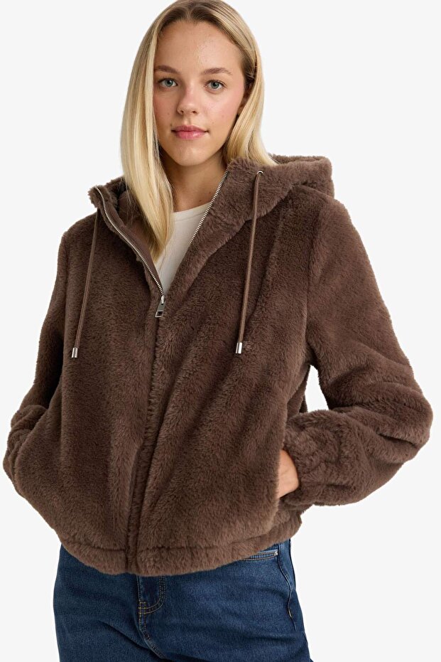 Regular Fit Polar Astarlı Kapüşonlu Fermuarlı Suni Kürk F2148AX25WN - 3