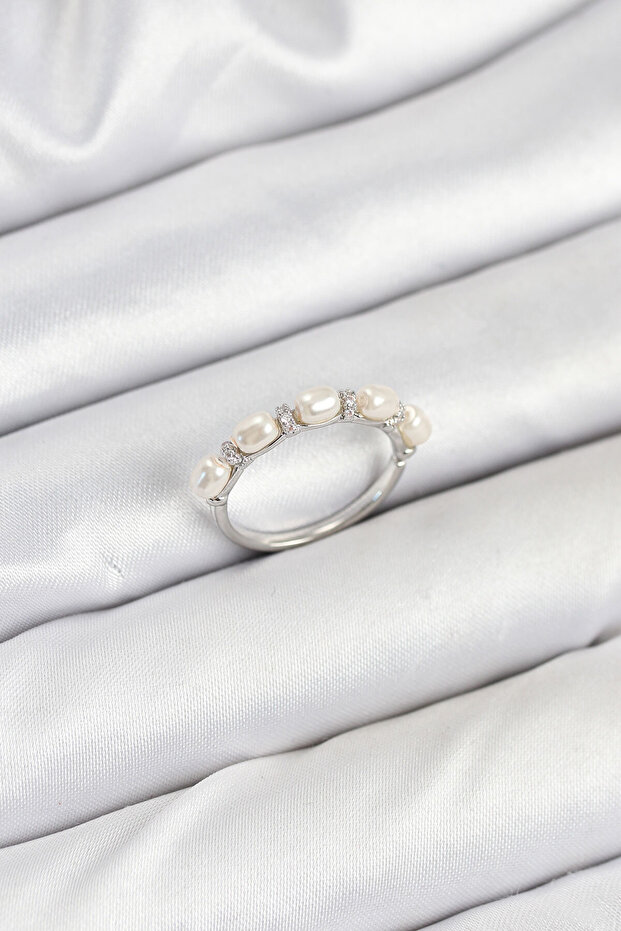 Brass Silver Color Row Pearl Women's Ring - Ebj250927W37932