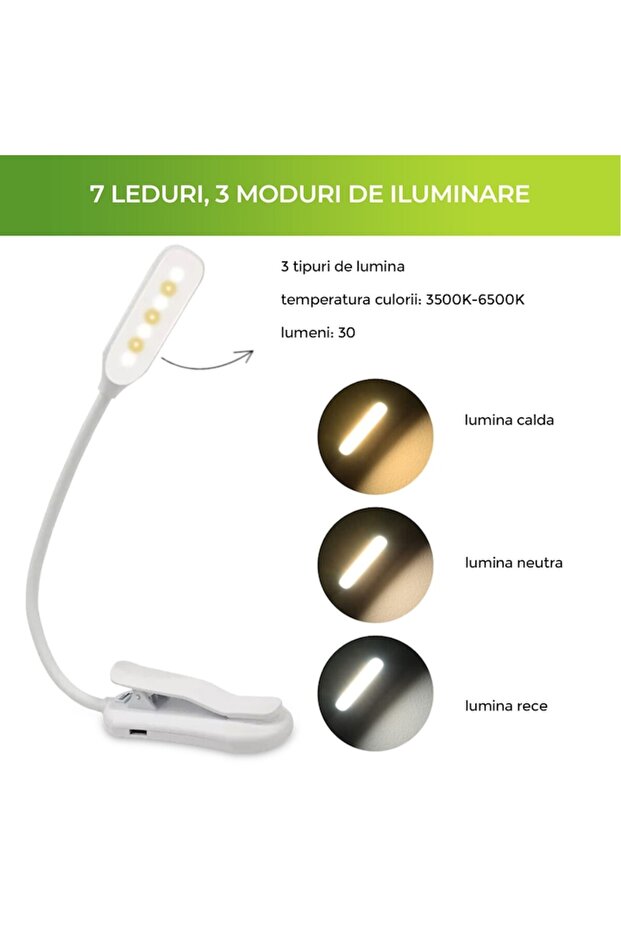 Reading Lamp, Zioda Smart Essentials®, Clip-on Book Lamp with 7 LEDs, 3 Lighting Modes, USB Recharg - 2