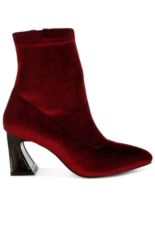 Women Flared Block Heel Velvet Boots in Burgundy