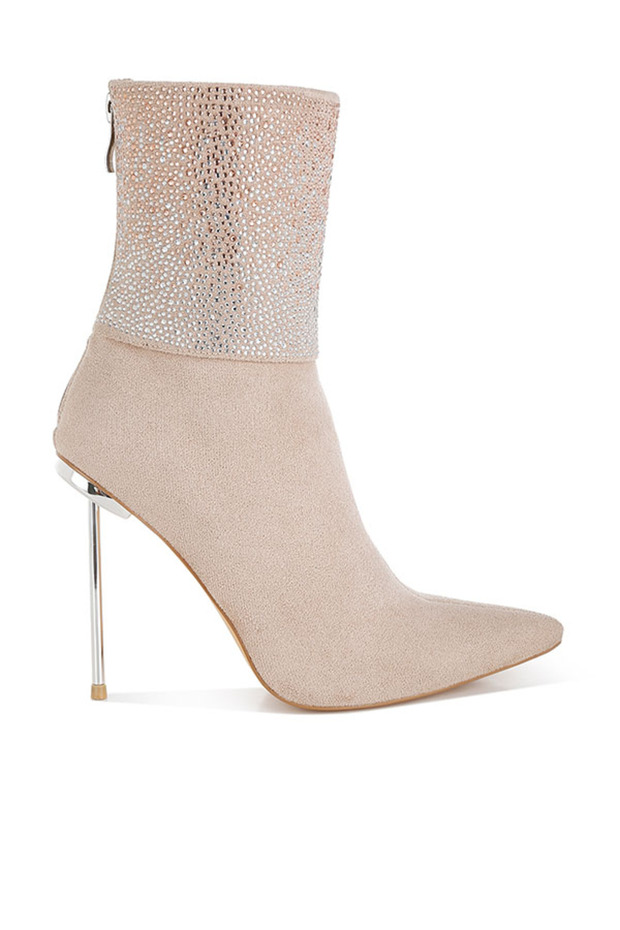 Women Rhinestones Embellished Fold Over Boots in Beige
