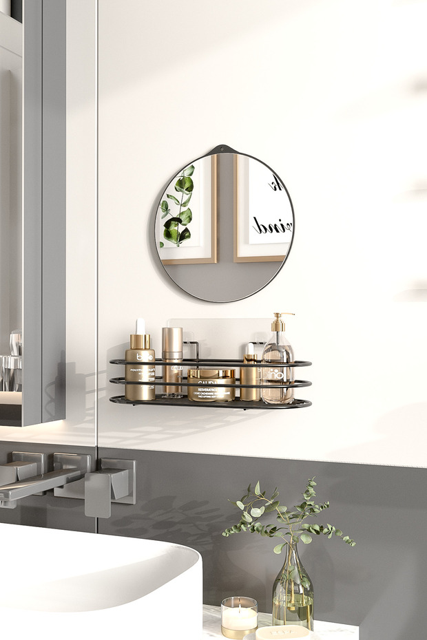 Bathroom Organizer Set of 2 Mirror and Organizer Adhesive Luxury Design Mirror Cosmetic Shelf