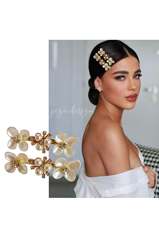 2-Piece Flowered Stone Shiny Side Hair Clip, School, Work, Gift, Birthday 23