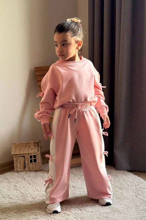 My Little Girl's Cicileri Bow Detailed Striped Girl's Suit - Pink