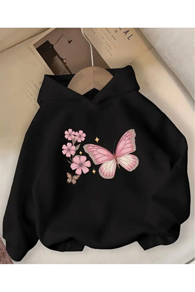 Butterfly and Flower Print Detailed Hooded Sweatshirt with Fleece Inside
