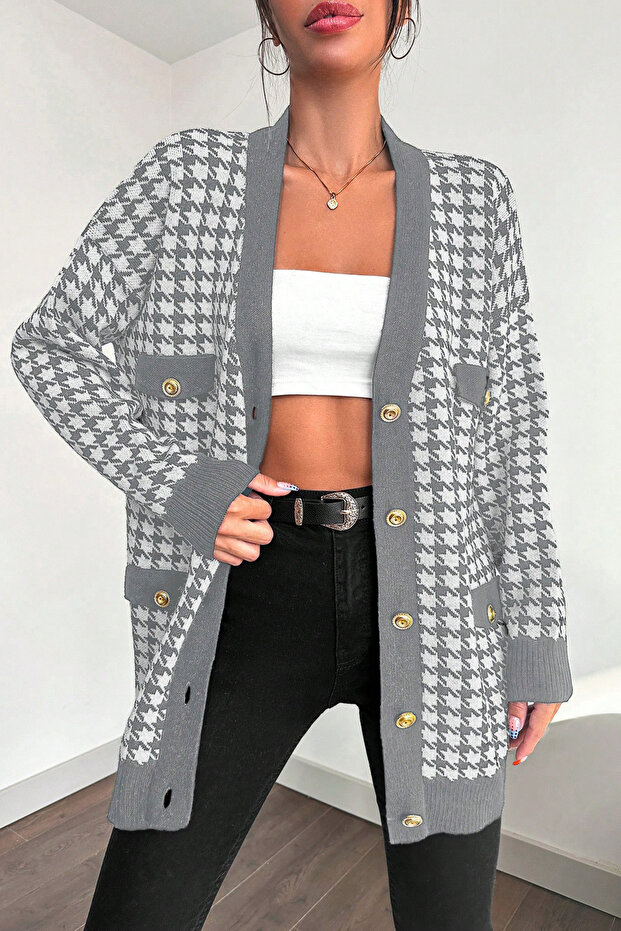 Women's Stylish Houndstooth Pattern Soft Textured Oversize Buttoned Cardigan