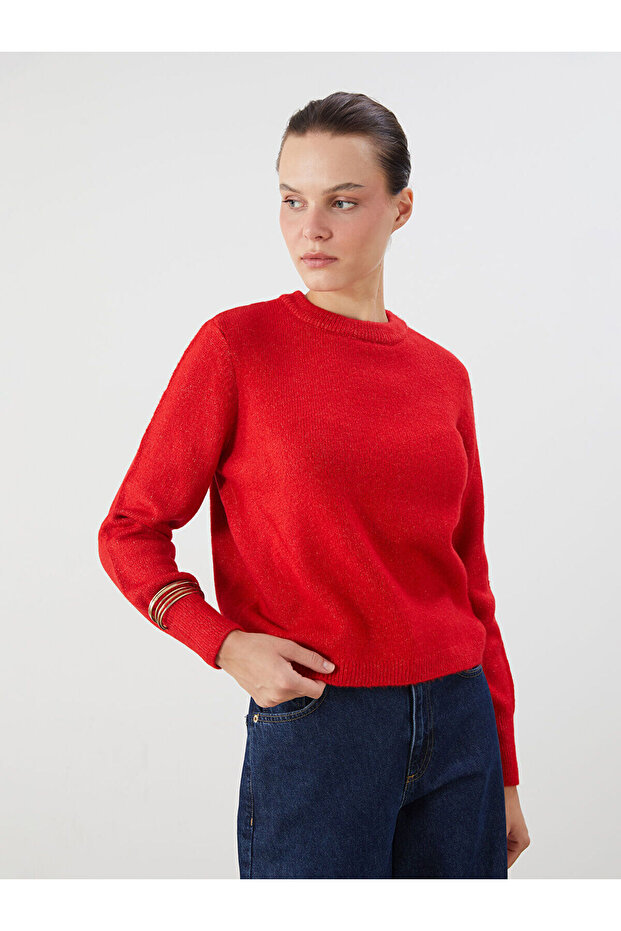 Red Crew Neck Women's Knitwear Sweater