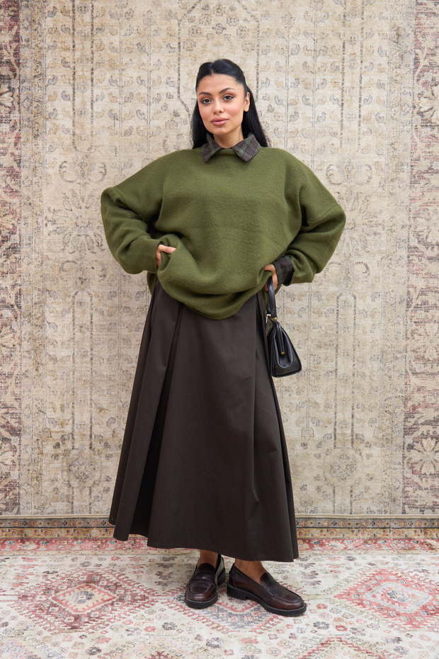 Brown Pleated Gabardine Skirt