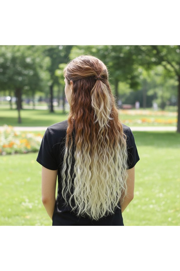 Fiber synthetic fluffy wavy half moon + 2 side snap - dark auburn platinum ombre