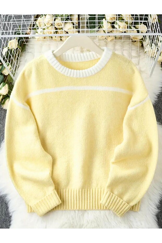 Limon Sarı Bisiklet Yaka Oversize Triko Kazak - 1