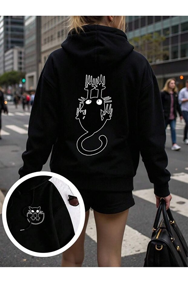 Women's Falling Cat Printed 3 Thread Hoodie Sweatshirt