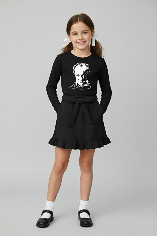 Girl's Black Long Sleeve Ataturk T-Shirt Black Ruffled Skirt October 29 April 23 Show Outfit