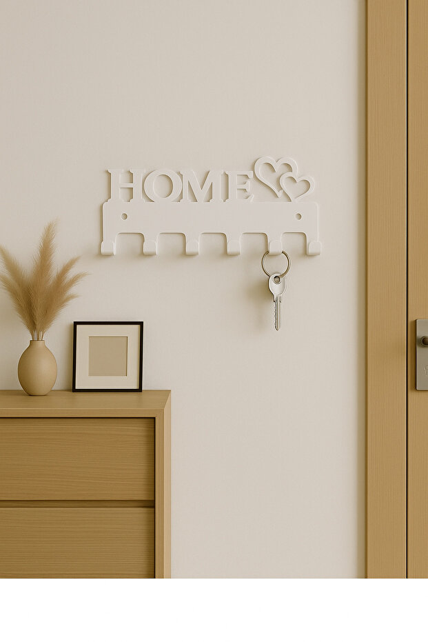 Home Written Heart Metal Keychain Hanger (Color: White) | Wall Mounted Key Organizer