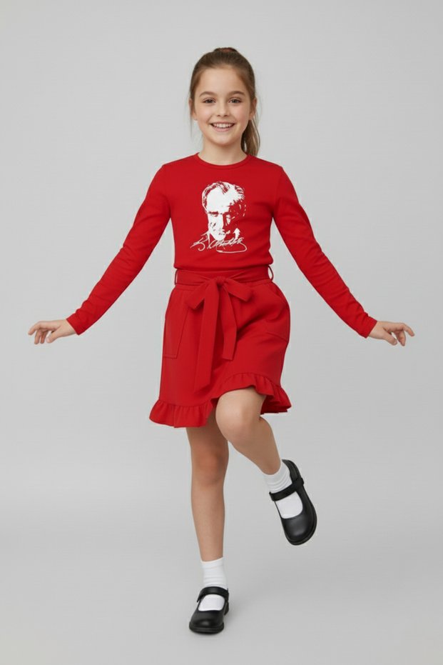 Girl's Red Long Sleeve Ataturk T-Shirt Red Ruffled Skirt October 29 April 23 Show Outfit