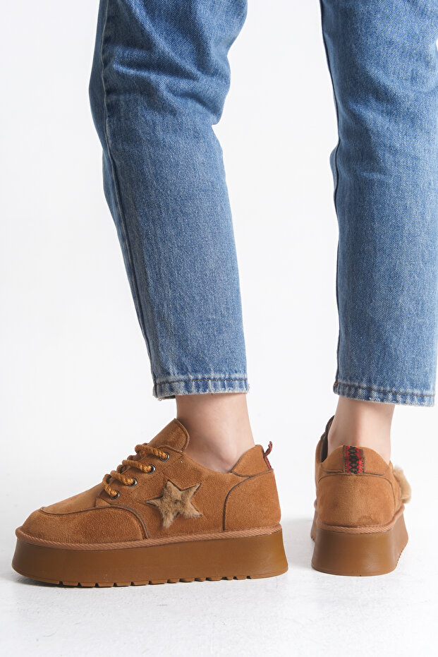 Kadın Halat Bağcıklı Süet Yıldız Detaylı Kalın Taban Bot & Bootie - 6