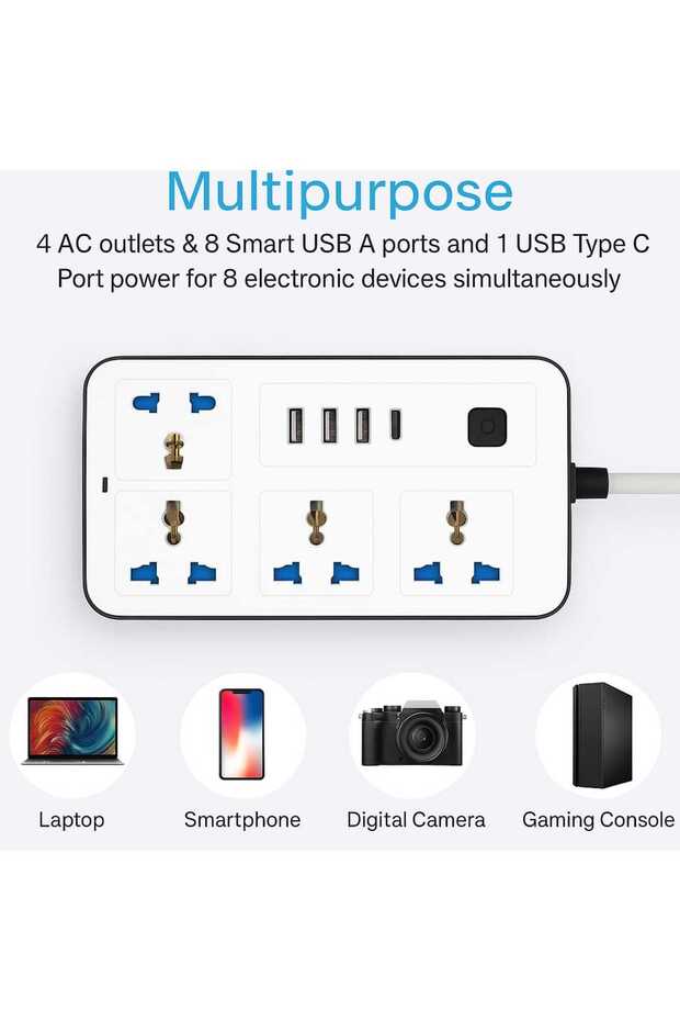 سلك تمديد، 200 سم، 4 مقابس طاقة، أقصى طاقة تلقائية 1 أمبير، 3 منافذ USB، منفذ واحد من النوع C، أقصى طاقة 200 وات، أسود وأبيض