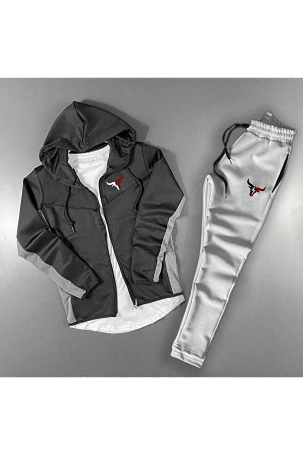 Unisex Bull Printed Zippered Stand Collar Gray Black Scuba Suit
