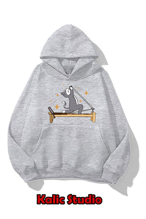 Unisex Oversize Mold Reformer Pilates Sports Cat Sweatshirt Gray