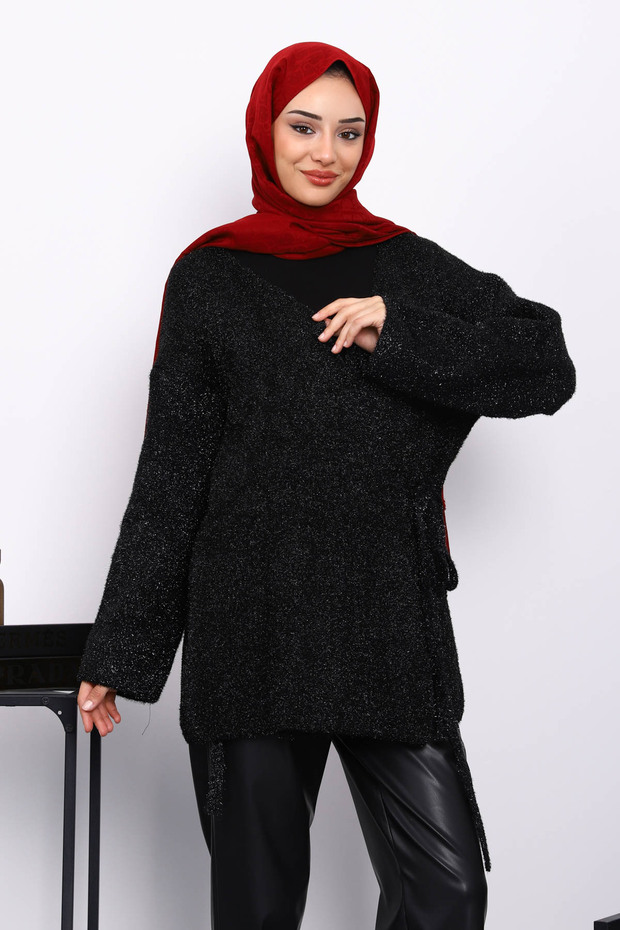 Black Belted Glitter Cardigan