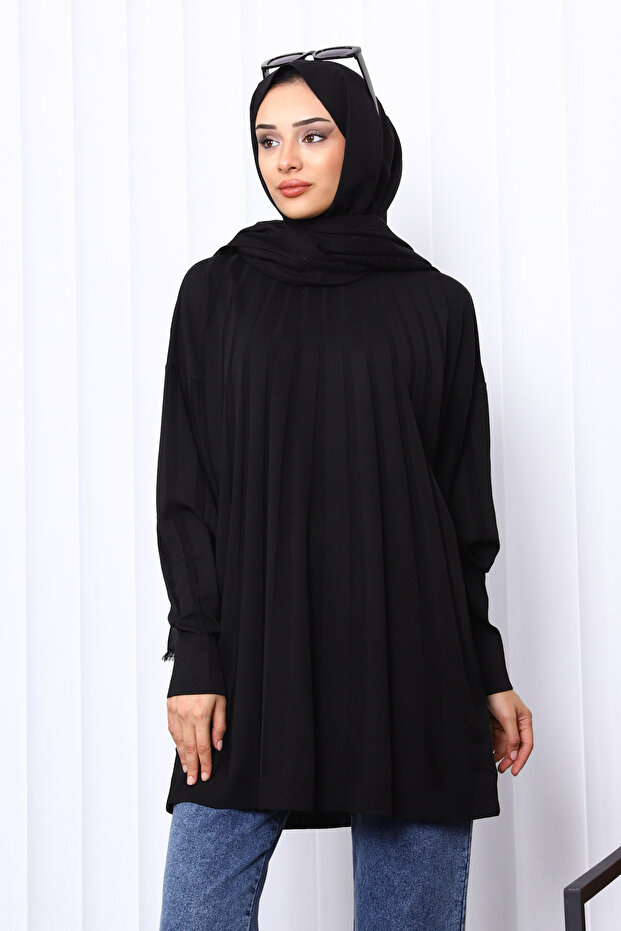 Black Crew Neck Mercerized Knitwear Tunic
