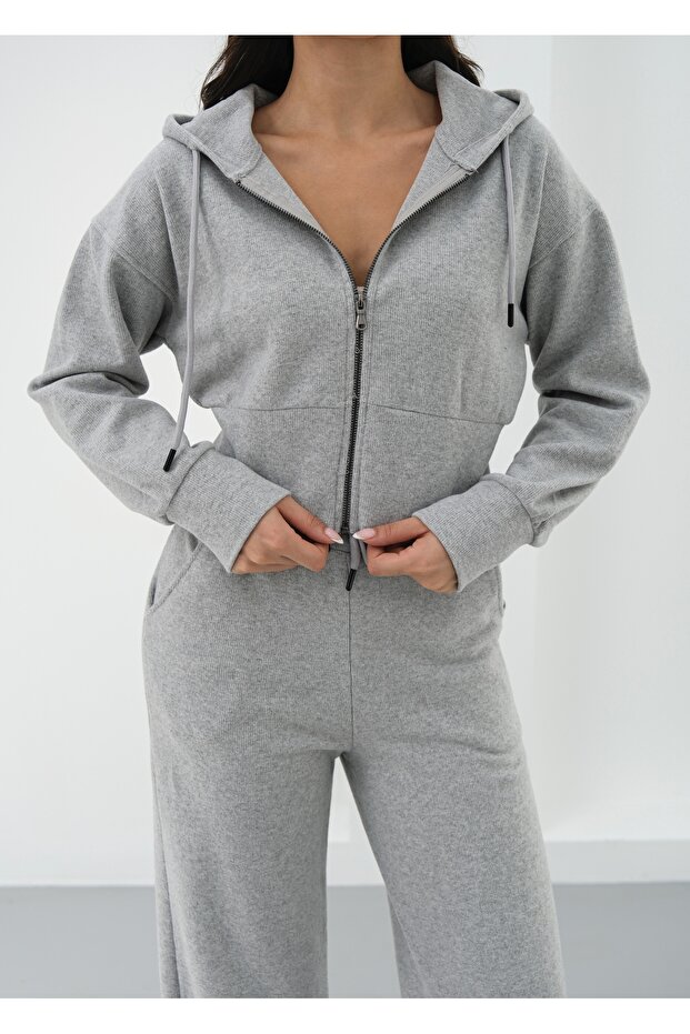Liva Gri Kapüşonlu Hırka ve Eşofman Kalın Alt-Üst Takım - 3