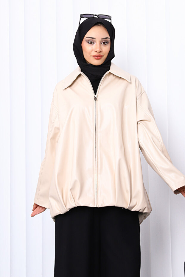 سترة جلدية بحزام بيج اللون - 3