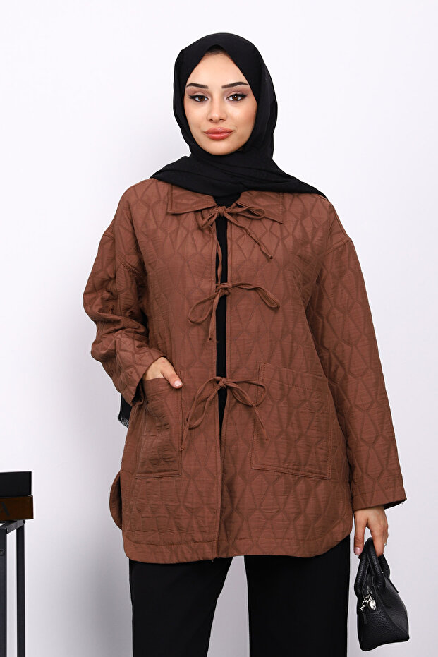 Brown Collared Double Pocket Quilted Jacket
