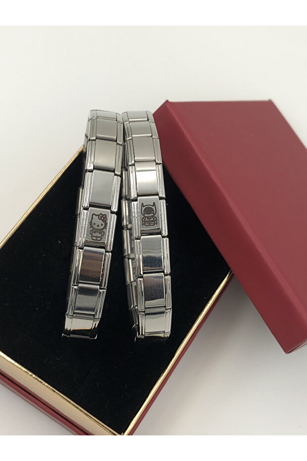 Batman and Hello Kitty Italian Charm Steel Couple Bracelet with Box Gift Note Written on It 2 Pieces
