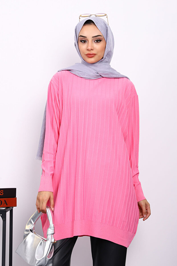 Pembe Merserize Fitilli Salaş Tunik - 1
