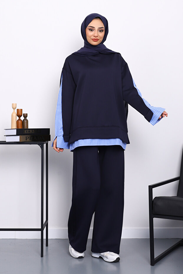 Navy Blue Shirt with Garnished Scuba Sweat Pants