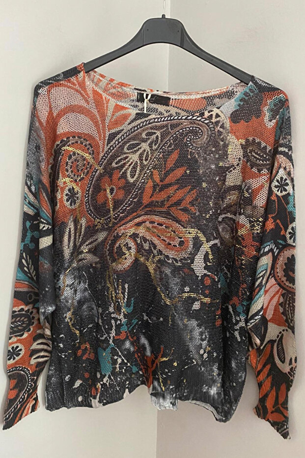 Women's Italian Anthracite Authentic Painting Patterned Foil Detailed Batwing Sleeve Mercerized Blouse Sweater