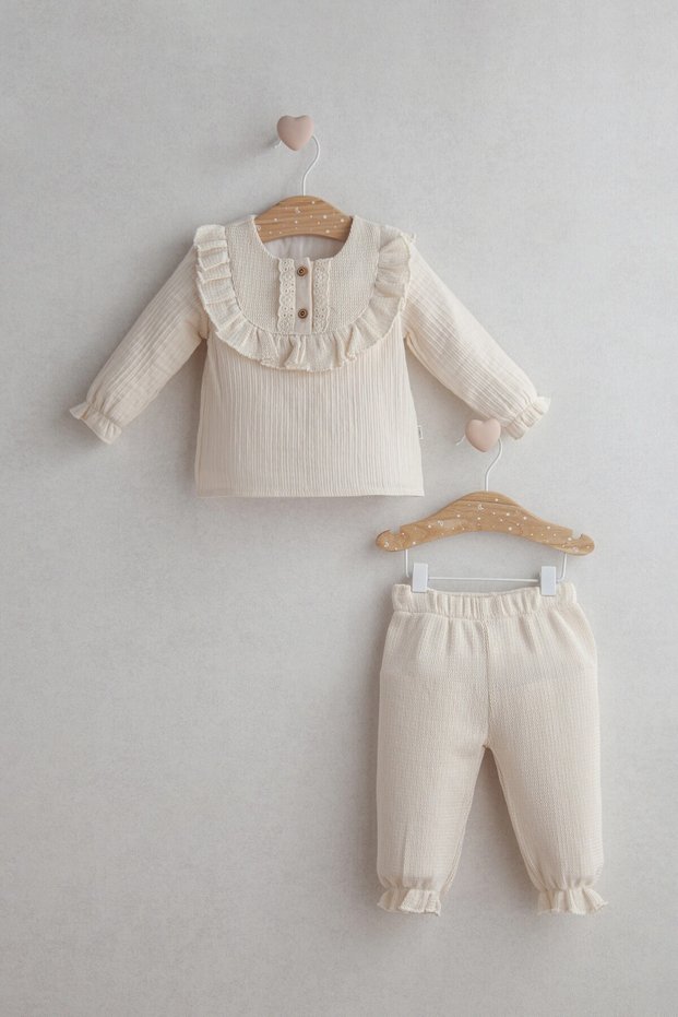 Baby Girl Ceremony Girl Long Sleeve 2-Piece Ecru Set with Ruffle and Lace Collar