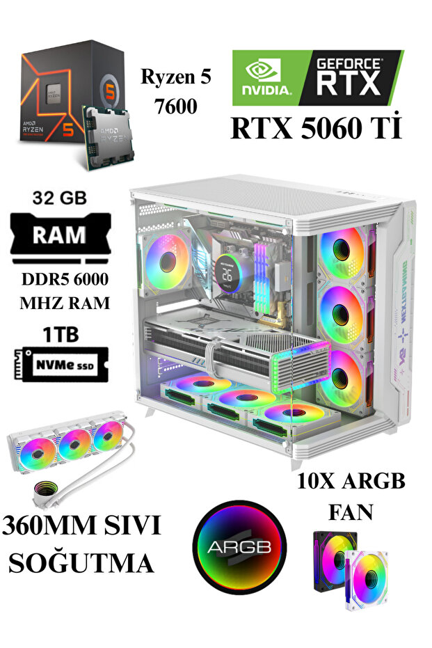 RTX 5060 Ti Ryzen 5 7600 32 Gb DDR5 6000 360mm Sıvı Soğutma 1 Tb M2 Ssd Gaming Kasa - 1