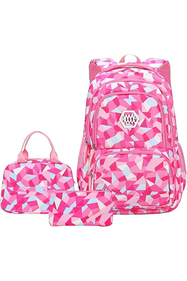 3pcs Backpack Set, Geometric Prints Primary School Student Satchel Backpack For Girls