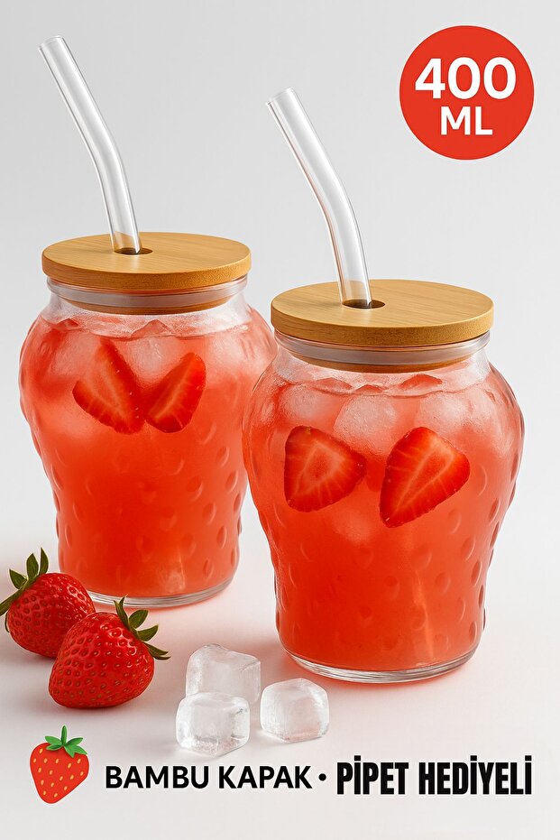 6'lı Çilek Desenli 400 ml Borosilikat Cam Bardak – Bambu Kapaklı, Cam Pipet Hediyeli - 2
