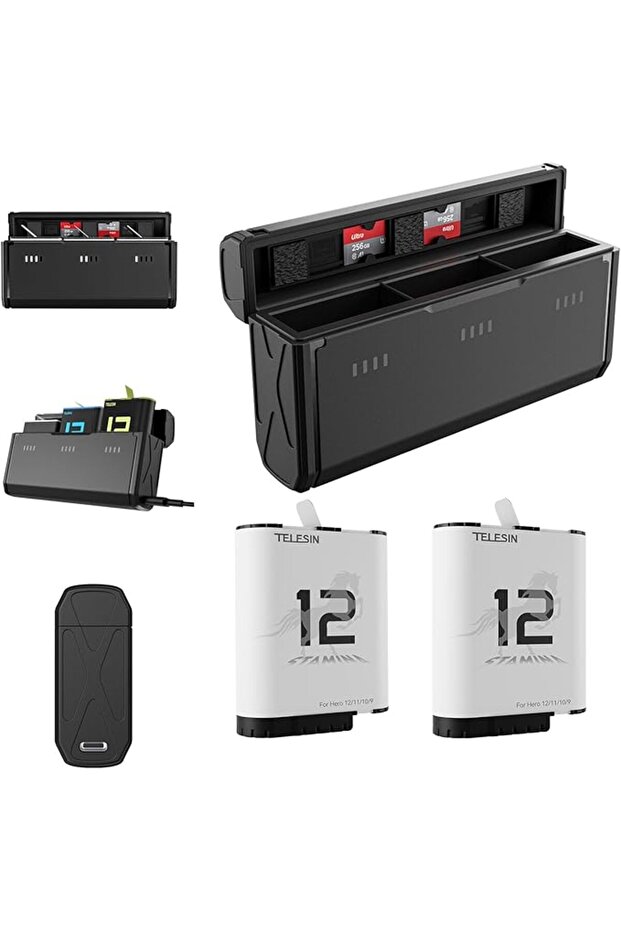 2-Pack Stamina Battery and Pocket Storage Charging Box Bundle for GoPro HERO12/11/10/9 Multifunction