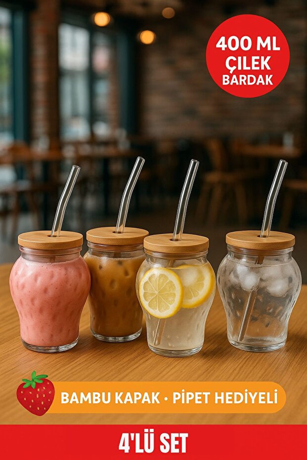 4 Adet Çilek Desenli 400 ml Borosilikat Cam Bardak – Bambu Kapaklı, Cam Pipet Hediyeli - 1