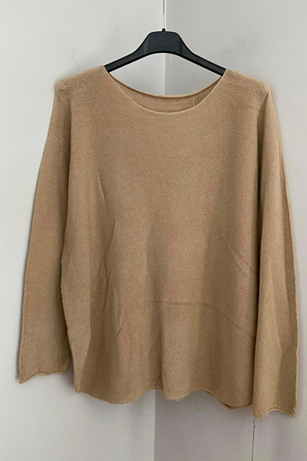 Women's Camel Plain Pattern Crew Neck Long Sleeve Angora Knitwear Blouse Sweater