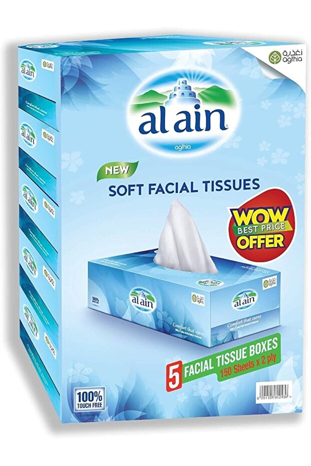 Al Ain Tissues 5 Facial Tissue Boxes 150 X 2 Ply