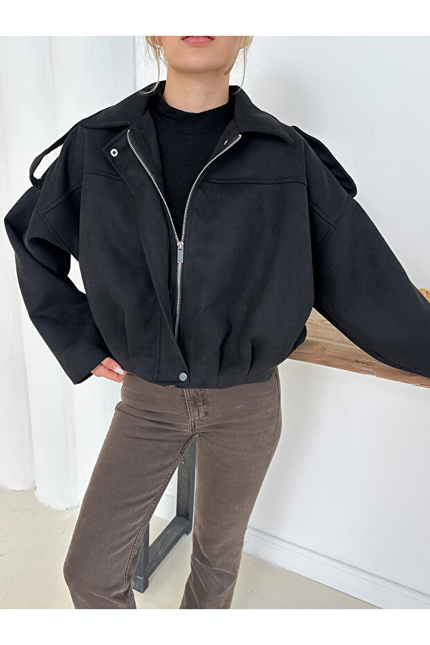 Oversize Süet Bomber Ceket - 1