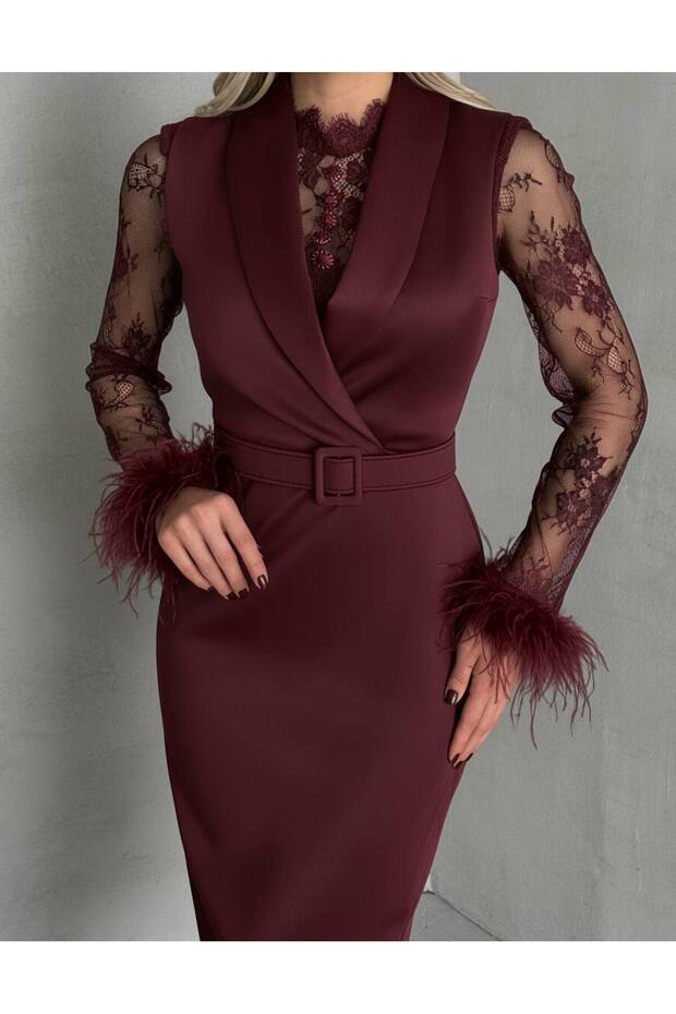 Women's Wrap Neckline Dress with Lace Detail and Feather Cuffs for Engagement, Wedding, and Ceremony