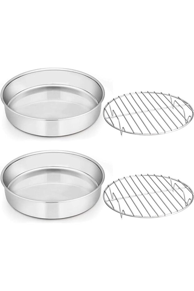 8 Inch Cake Pan with Rack Set Stainless Steel Round Pans and Cooling Racks Mirror Polished 4 Pieces