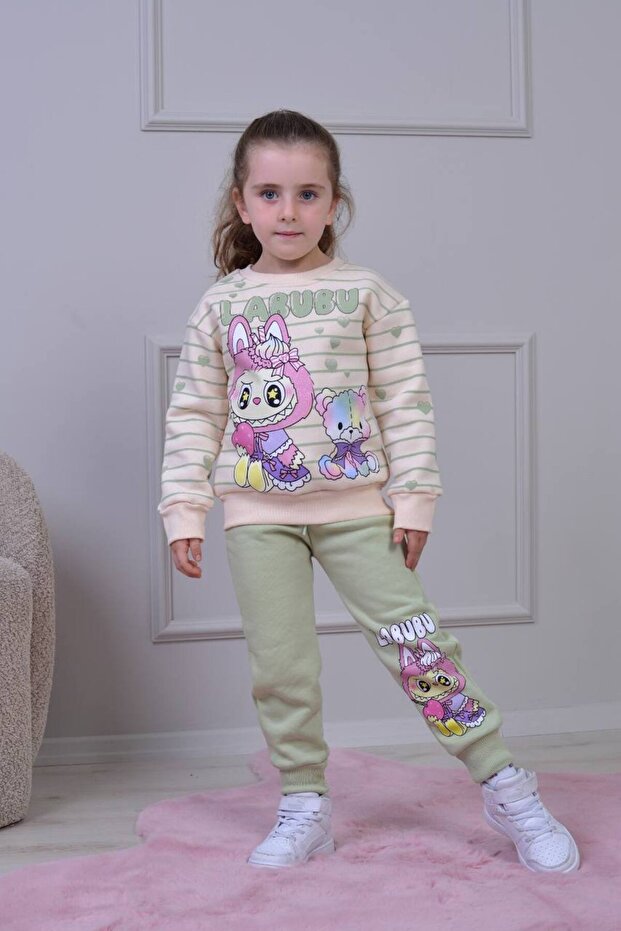 Pjk3İ Labubu Patterned 3-Thread Ribbed 100% Cotton Girls' Tracksuit Set 3-10 Years Old 8249