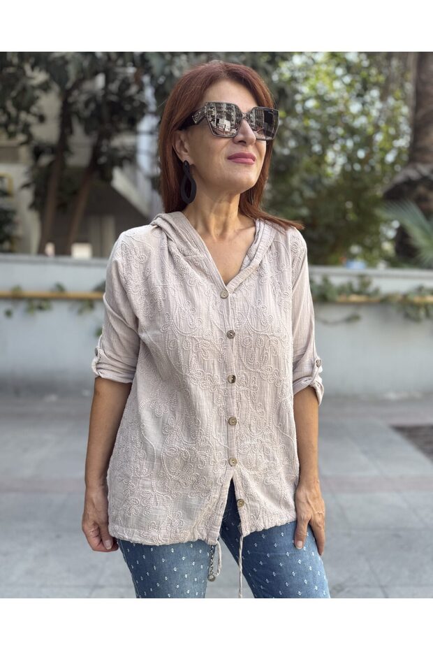 Brode Desen Gömlek Kapüşonlu Bej - 2