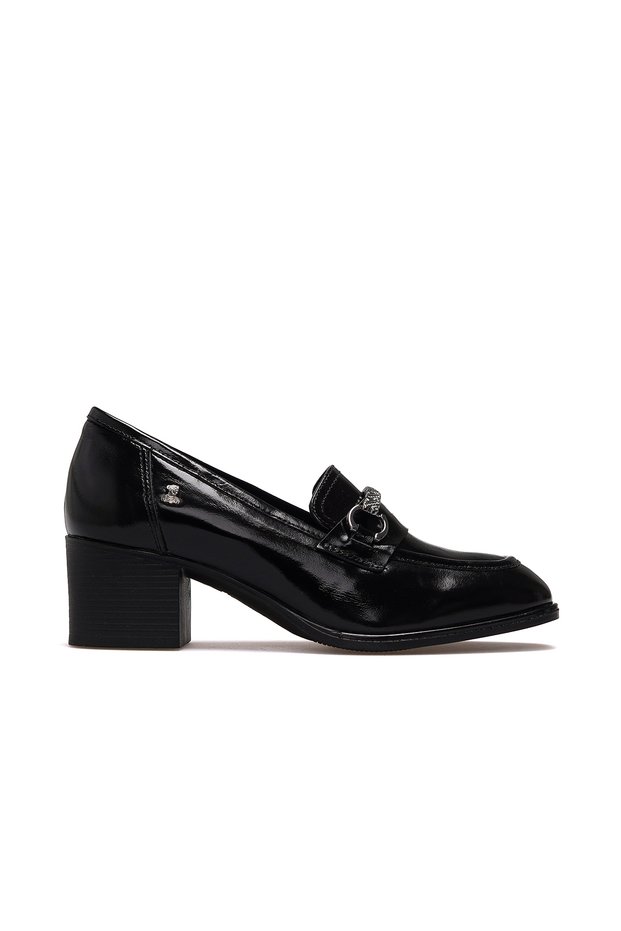Women's Genuine Leather Heeled Casual Shoes 25Y 2512701K Z Black Wrinkled Patent Leather