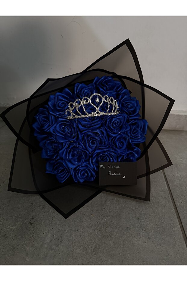 Gerçek Görünümlü Saks Mavisi Simli Taçlı Zarif Yapay Gül Buketi Yapay Çiçek - 1