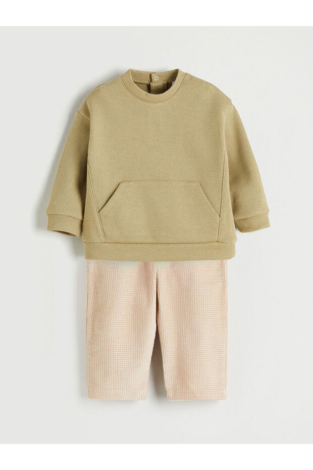 Lcw Baby Khaki Crew Neck Baby Boy Sweatshirt and Pants 2-Piece Set